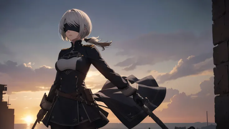 (extremely detailed CG unity 8k wallpaper), (masterpiece), (best quality), (ultra-detailed), (best illustration), (best shadow), (absurdres), 2b, 1girl, short hair, long ponytail, normal size boobs, white hair, blindfold solo, Intimidating women, admiral u...