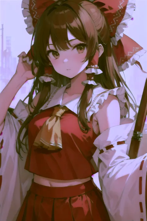 detailed background, masterpiece, best quality, 1girl, hakurei reimu, brown hair, hair tubes, hair ribbon, brown eyes, touhou project, 
