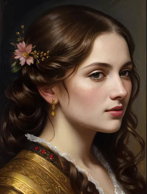 portrait, girl, 35 years old, middle ages, classicism, andrey atroshenko style, painting, styled hair, traditional media, realistic, figurative, fine art, oil on canvas, HDR, 8K, original character, high resolution, high detail, focus on the face