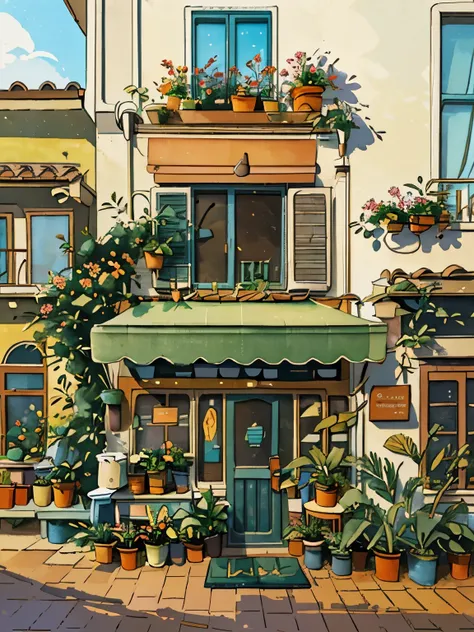 jzcg021,flower shop,coffee spots,table,chair,nobody,windows,flowers,plant,potted plant,watercolor (moderaandscape,door,air condi...