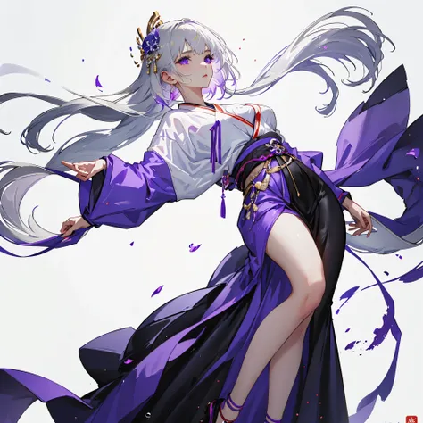 girl in purple clothes floating in the air，very tall，no shoes，1 girl，heroine，handsome，splash ink，（full body portrait），（（2.5d）），w...