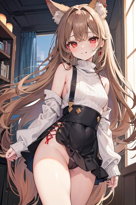 Detailed image of loli, Light brown hair  long, loose, messy and beautiful, red eyes sharp and, pretty face, smiling, plump lips, wolf ears, With earrings, medium, Blush Eyeshadow, long, thick eyelashes, posing shyly, dressed only in a low-cut sweater, sma...