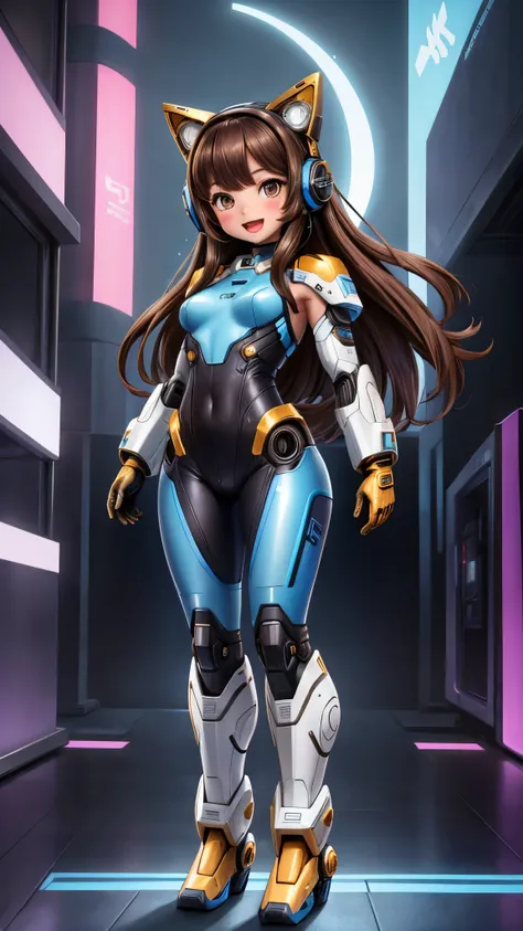 1 girl, showing armpits,, masterpiece, best quality, highres, long hair, brown hair, headphones, whisker markings, shoulder pads, blue bodysuit, ribbed bodysuit, animal print, clothes writing, long sleeves, white gloves, waving, smile, open open mouth, mec...