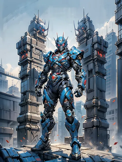 A superhero, a high-tech biotech battle suit, standing on a rooftop, looking over the city, Japanese tokusatsu and American comic style, biometallic texture of the suit, sleek and shiny, dynamic, metallic, sophisticated design, symmetrical face, extremely ...