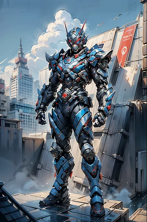 a superhero, a high-tech biotech battle suit, standing on a rooftop, looking over the city, japanese tokusatsu and american comi...