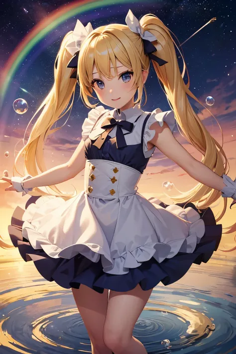 Masterpiece, Need for Good,, Magic Array, Bubbles, Rainbow Sunlight,, Mirror, Floating Glass Sheets, Rainbow Light, Bubble Swirl, Wind Vortex, Aurora, Fantasy Landscape, Starlight Around the Character, (Upper Body),(((petite girl with blonde twin tails))),...