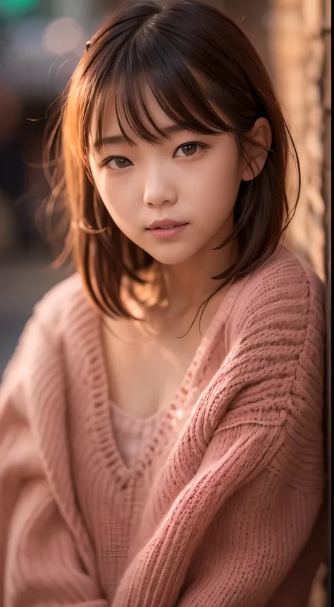 stand in the city, japanese girl,  (pink oversized knitted sweater:1.3), in the sunset, pupils sparkling, brown long hair, depth of field, f/1.8, anatomically correct, textured skin, super detail, high details, high quality, super detail, high details, hig...