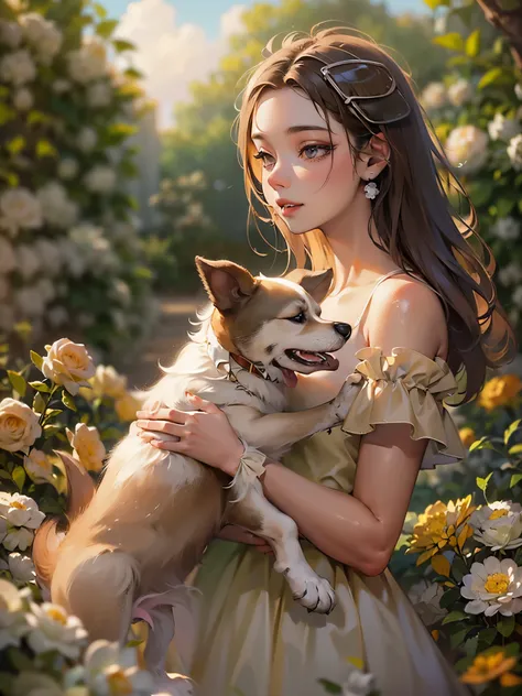 ((top quality)),(ultra high resolution),(Super detailed),(detailed description),((best CG)),(finest works of art),super precision art,amazing art of depiction,(Art with precise depiction in every detail:1.5), (1 woman:1.5),dress:1.6, (dog:1.6),snuggle up t...