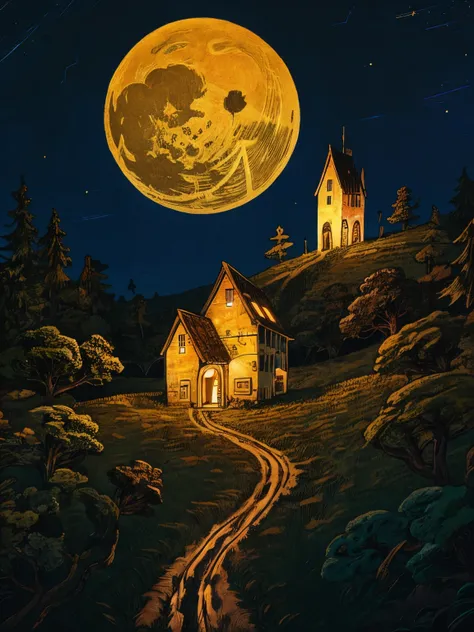 Fantasy elf world,The moon hangs high in the night,The Galaxy hangs high,Meteors flew by,A cute elfs mushroom house,highly detailed,Uptrend,vivd colour