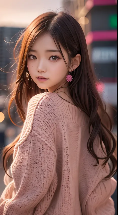 stand in the city, japanese girl,  (pink oversized knitted sweater:1.3), in the sunset, pupils sparkling, brown long hair, depth of field, f/1.8, anatomically correct, textured skin, super detail, high details, high quality, super detail, high details, hig...