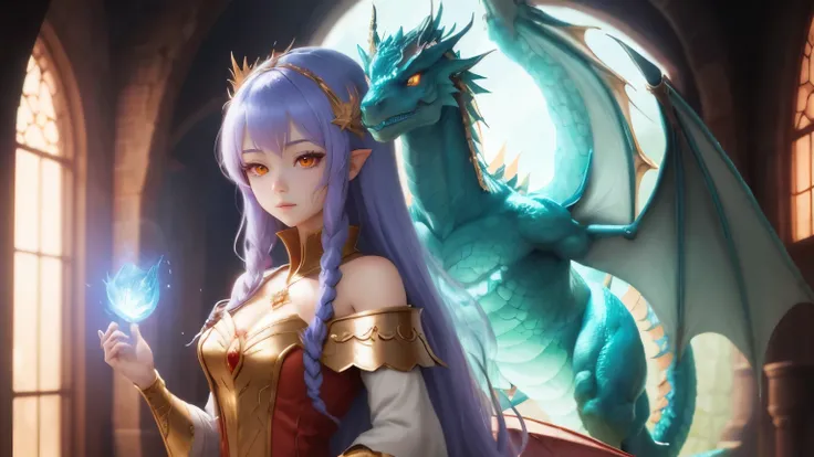 A beautiful anime girl and a powerful dragon, a magical environment like a fairy tale