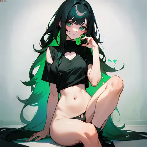 Make a girl with long wavy black hair with a green fringe on her bangs sitting showing her vagina wearing a black top with a white graffiti heart that says 