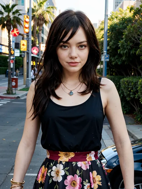 face like emma stone, long and black hair, see-through dress, floral, necklace, bracelet, los angeles