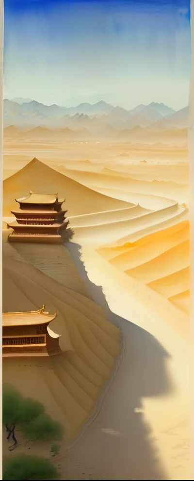 （masterpiece，high quality，Highest quality），Chinese classical culture and art，watercolor smudge，Dunhuang style，Xizhou，desert landscape art，