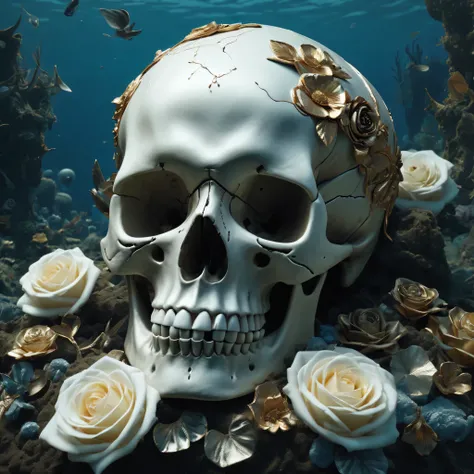 (best quality,8K,high resolution,muste piece:1.2,details:1.5),Super detailed:1.5,Eerily realistic metallic skull,White Rose,elaborate corpse,scary theme,seabed,horror setup