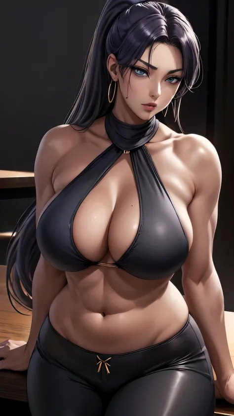 (table top, highest quality:1.2), 1 girl, alone,( dynamic angle,:1.1) mature, 100facehassan, destiny, (dark gray skin:1.2), blue eyes, long hair, purple hair, ponytail, big lips, blank expression, gold jewelry, big breasts, pants, Tight, belly button, abs,...