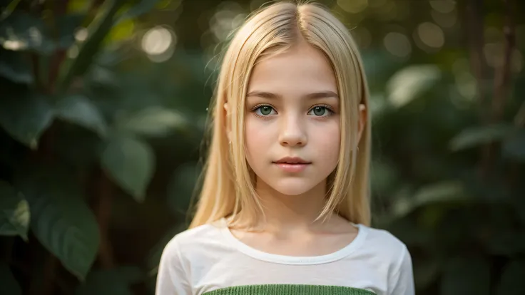 child girl 12 year-old blonde girl, com franja no cabelo. green background.