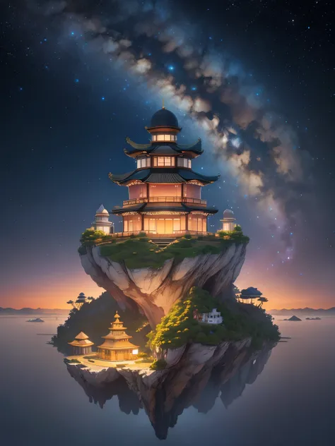 highest quality。masterpiece。beautiful。detailed details。((There is a very small observatory、floating island floating in the sky))。The background is a starry sky with the Milky Way。