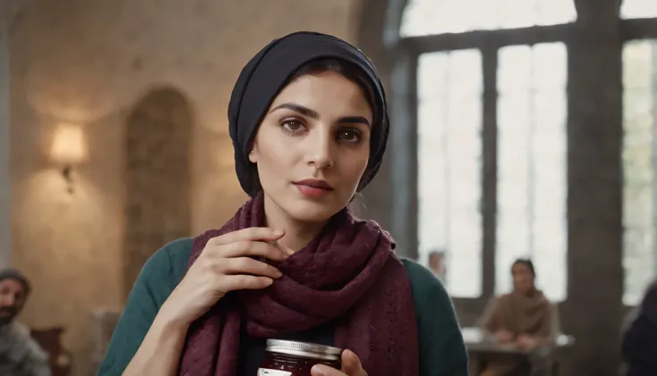 An Iranian woman with a scarf is holding a jar of jam in her hand and is looking. In the background, graphic designers are busy designing new graphics with computers.