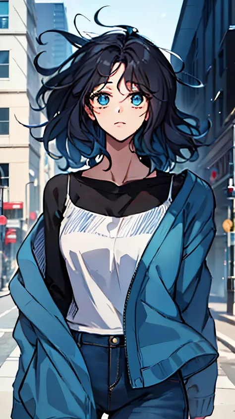 Transform sketch to anime style, woman with black hair, blue singlet, blue jacket,black jeans,with city background ,