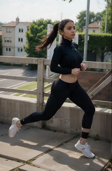 one beautiful woman, oval face, senseful lips, big brown eyes, 30 years old, slim sporty body, middle size breast, running outside, in Germany, making a stride, full body, front view, wearing tight black sport suite, black sport running tights, track jacke...