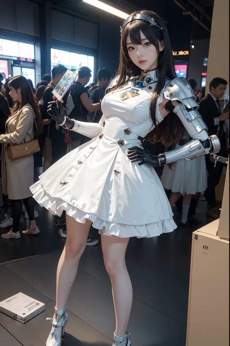 (high resolucion, 4k, Masterpiece:1.2),((Ultra-detailed:1.2)),(realisitic,Realistis:1.37),Girl robot married in Japan,mechanical limb,Mechanical trunk,Made of shiny white and silver translucent glass and plastic, robot armor dresses, Joyful expressions, , ...