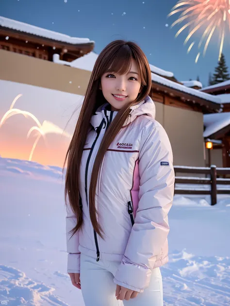 product quality, 1 girl, cowboy shot, front view, a Japanese young pretty girl, long bob hair, snow falling, fireworks in the night sky, skiing with a big smile among snow mountains in the night, wearing a pink ski wear, a long length white ski pants, ski ...