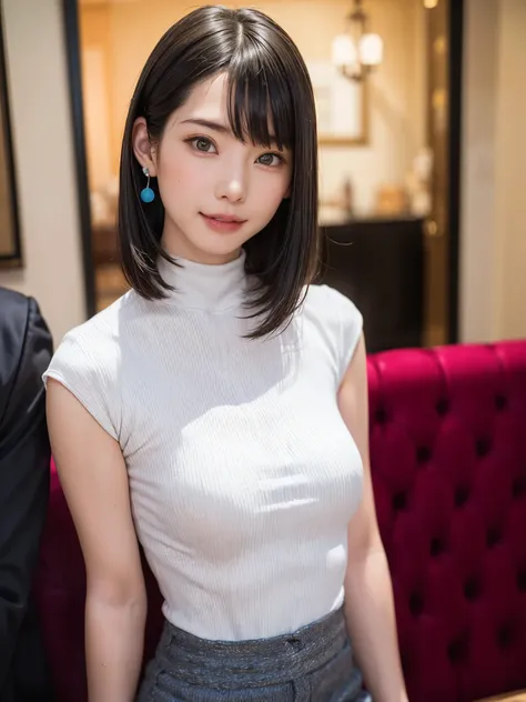 (pieces fly, highest quality、High resolution:1.4、very attractive beauty、Adds intense highlights to the eyes、Please look closely at the camera:1.4、Beautiful woman full of charm、Ideal ratio body proportions、perfect anatomy、brunette short bob hair、shiny hair、...