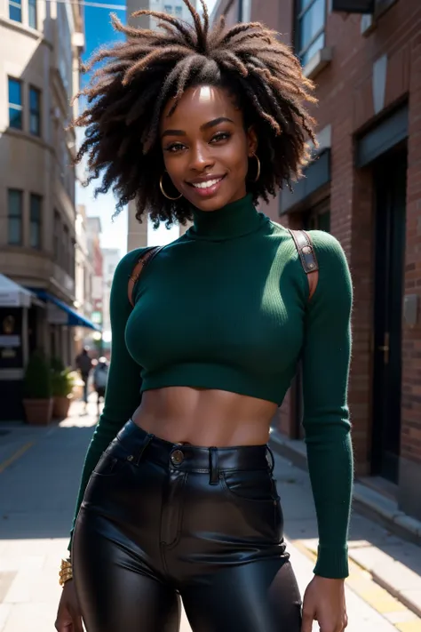 masterpiece, best quality,  a dark skinned black woman wearing a detailed green turtle neck sweater with an intricate black leather jacket with blue jeans at a street party at night, angular afro haircut, jacket off one shoulders, midriff, smile, teeth, in...