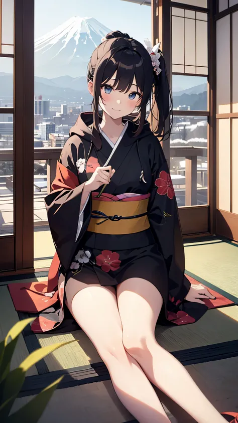 two japanese girls sitting on a japanese room 、Captivating scenes featuring beautiful Japanese girls with distinctive features, Set against the backdrop of winter Mt. Fuji. Girls put their black hair in a ponytail, single eyelid, and with hood, humid, deep...