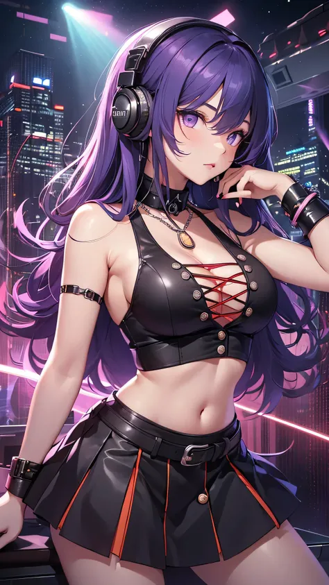 highest quality、Highest image quality、masterpiece、teenage girl((18-year-old、 Agar、vest bust、medium bust,wide open breast tea、purple eyes, purple hair、long hair、slender,highest valley、cute makeup、black nail polish、white short skirt、Looks like fun、have a gui...