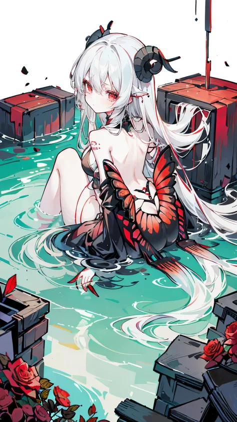 a girl,crawling on all fours， Sheep&#39;s horn, full color,  long white hair, Red Eyes ，Eyeliner, , Turn your hips, immerse in water, black transparent clothes, Red, open air, Rose, night, ruins, Butterfly，back view，big asutt close-up