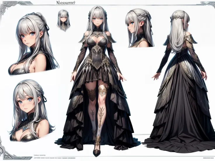 (masterpiece), ultra detailed, 8k, ((A character sheet:1.4)) or reference sketch of a beautiful long silver haired girl, ultra realistic and sharp detail and intricate, intricate details, and style,  background illustration, white flat background,((long si...