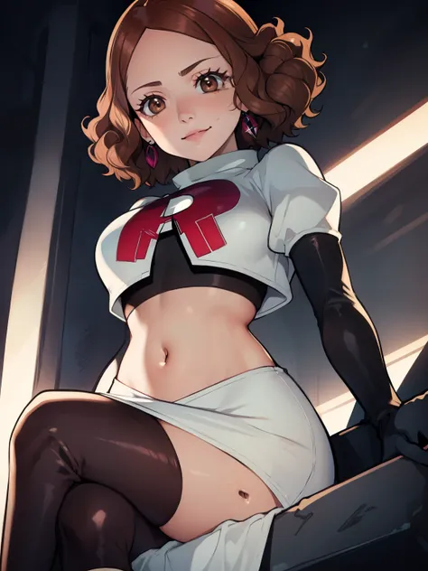 haru okumura, (brown eyes:1.5), brown hair, short hair, ,glossy lips, light makeup, eye shadow, earrings ,team rocket,team rocke...