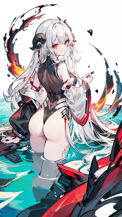 a girl，Sheep&#39;s horn, full color,  long white hair, Red眼睛 ，Eyeliner, , Turn your hips, immerse in water, black transparent clothes, Red, open air, Rose, night, ruins, Butterfly，back view，big asutt close-up