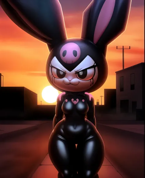 ((kuromi)), (solo), (black suit), (symbiote), (bunny body), (white venom symbol on her chest), (black goo all over her body), (b...