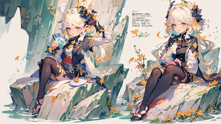 [Game 1.5], [Genshin 1.5], [Ningguang Hao. 1.5], multiple sclerosis. geology, chinese idol, yellow hair and white hair, elegant and beautiful, sitting on a rock, rock power, geographical perspective, elegant