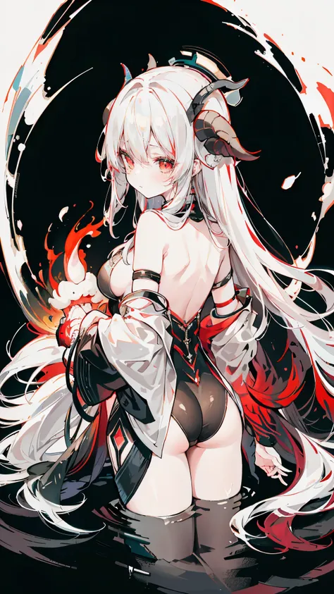 a girl，Sheep&#39;s horn, full color,  long white hair, Red眼睛 ，Eyeliner, immerse in water, black transparent clothes, Red, open air, Rose, night, ruins, Butterfly，back view，big asutt close-up，camel toe