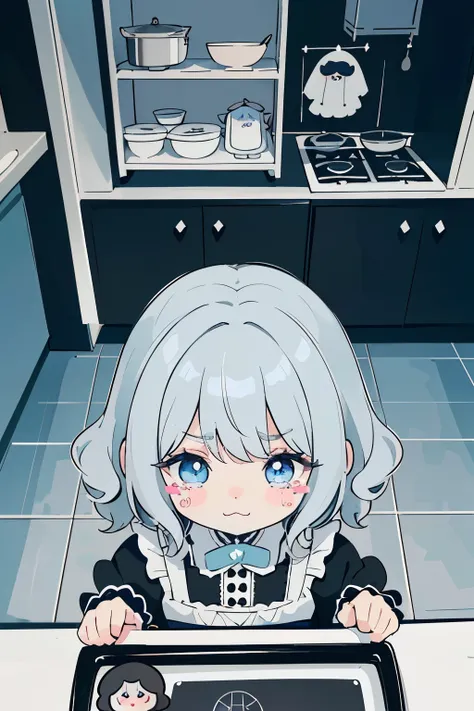 (highest quality), (super detailed), (whole body: 1.2), 1 girl, little, cute, crying face,tears,(colorful and cute kitchen:1.3),...