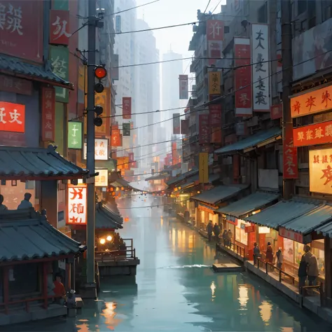 water painting, city, people background, society, in china town