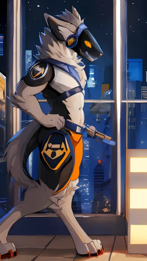 furry, protogen, police, furry police, furry sheriff, future, the gun of the future, gun holding pose, dark background