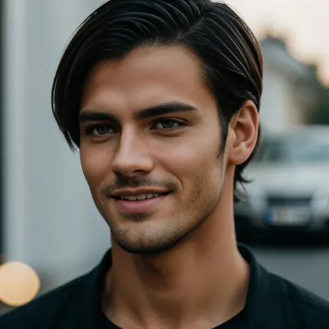 photo of a stunningly handsome man, 25 years, Blue eyes, short hair, black hair, Portrait, In a shirt, photorealistic, Best quality, detailed, 8K, HDR, cinematic lighting, sharp focus, short hair, looks at the camera, smiling, slight smile, on a green back...