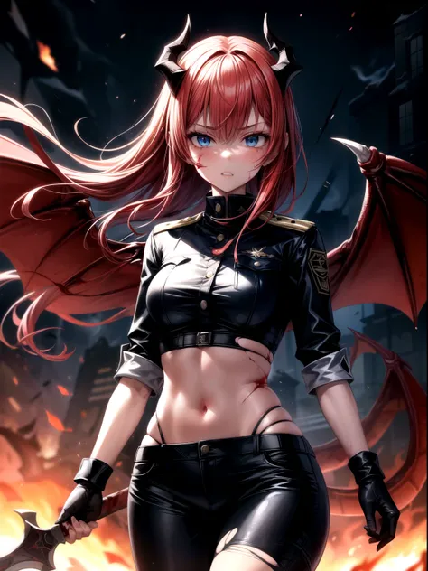 1girl,black military uniform,wide hips, red hair,long hair,floating hair, blue eyes, debris,close-up, walking, explosive in background,fire in background,sword, dragon horns,( dragon wings),dragon tail, (blood on face),(torn clothes), blood on clothes, sca...