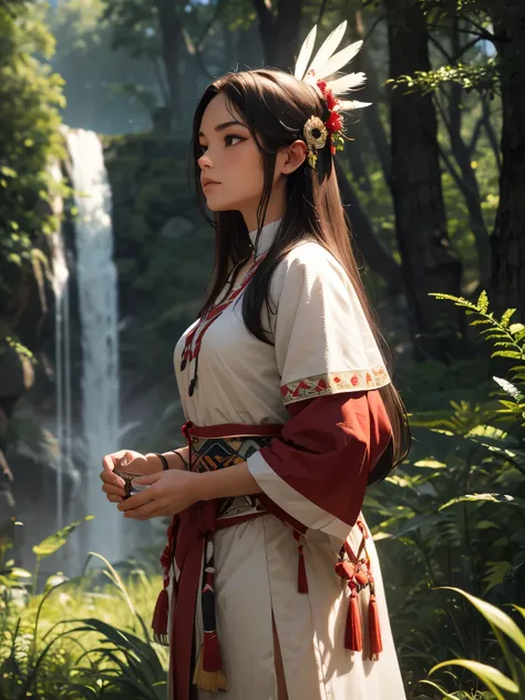 ((best quality)), (detailed), beautiful native American woman with the great spirit standing over her like an aura, in the forest praying, feathers, native American, tribal, HDR, 4K, 3D.