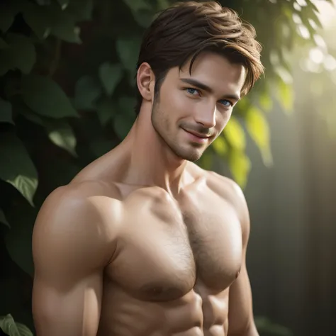 photo of a stunningly handsome man, 25 years, Blue eyes, short hair, Brown hair, full height, naked torso, photorealistic, Best quality, detailed, 8K, HDR, cinematic lighting, sharp focus, short hair, looks at the camera, smiling, slight smile, on a green ...