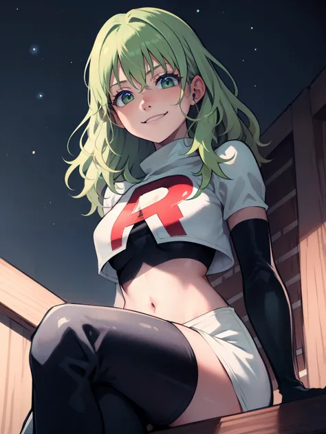 fembyleth, light green hair ,glossy lips ,team rocket uniform, red letter r, white skirt,white crop top,black thigh-high boots, ...