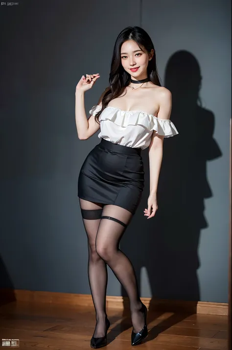 Ulsan-6500-v1.1, (Raw photo:1.2), (photorealistic), beautiful detailed girl, ( real: 1.4), very detailedな目と顔, beautiful detailed eyes,  (Strapless blouse, flare skirt, super realistic pantyhose:1.3, black choker)、 (very affectionate smile:1.2)、huge file si...