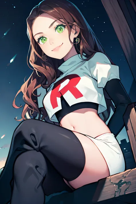 dorothea, green eyes, long hair, glossy lips ,team rocket uniform, red letter r, white skirt,white crop top,black thigh-high boo...