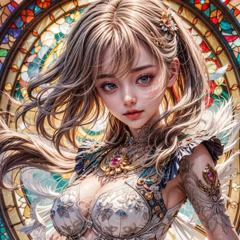 Sexy girl in ((WHITE)) and Delicate lace underwear, with Glossy RED lips, (Exposed:1.2), (nipple:-0.9), { closeup of Cute lips | Dynamic-angle }, ((Dazzling stained glass Background)), (( colorful Light shines through stunning elaborate stained glass:1.2))...