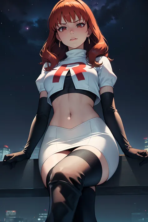 celica fe , light makeup, eye shadow, earrings ,glossy lips ,team rocket uniform, red letter R, white skirt,white crop top,black thigh-high boots, black elbow gloves, sinister villianess look, looking down on viewer, sitting ,crossed legs, night sky backgr...